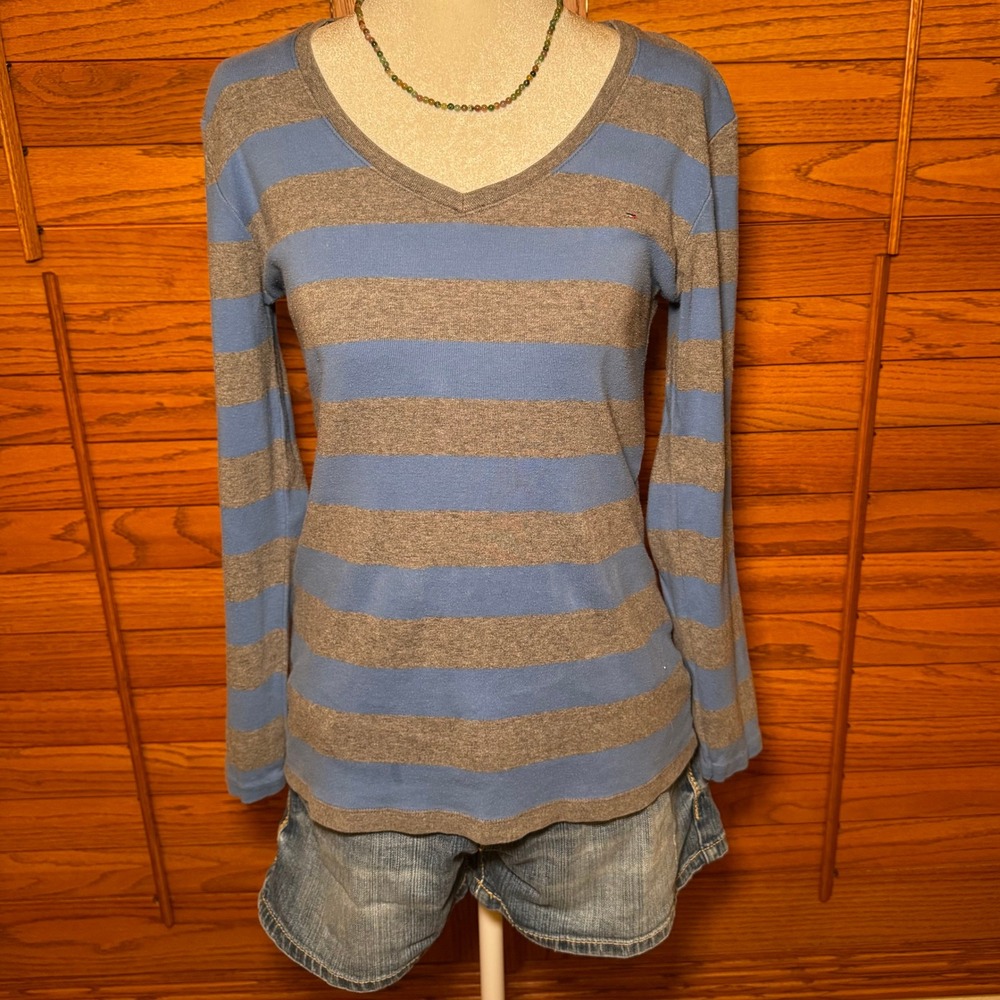 Tommy Hilfiger Womens V-Neck Long Sleeve Striped Top Blue Gray Size Large